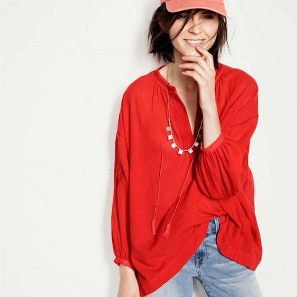 boho peasant tunic red top blouse popover XXS XS - Picture 3 of 12